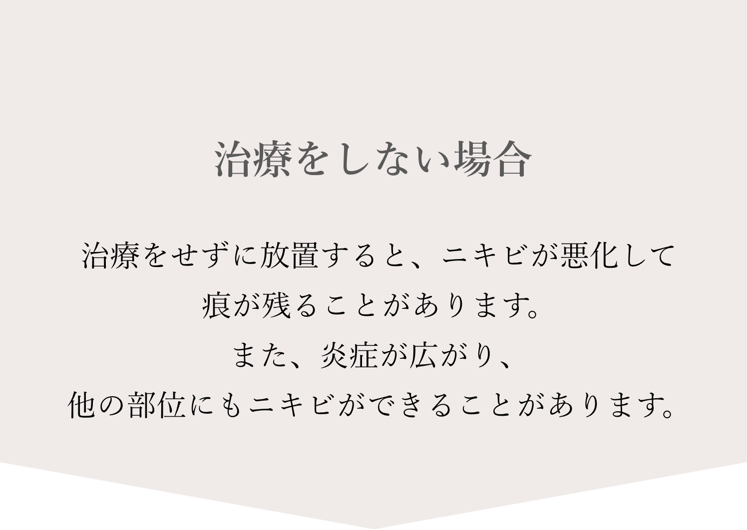 治療をしない場合 治療をせずに放置すると、ニキビが悪化して痕が残ることがあります。また、炎症が広がり、他の部位にもニキビができることがあります。