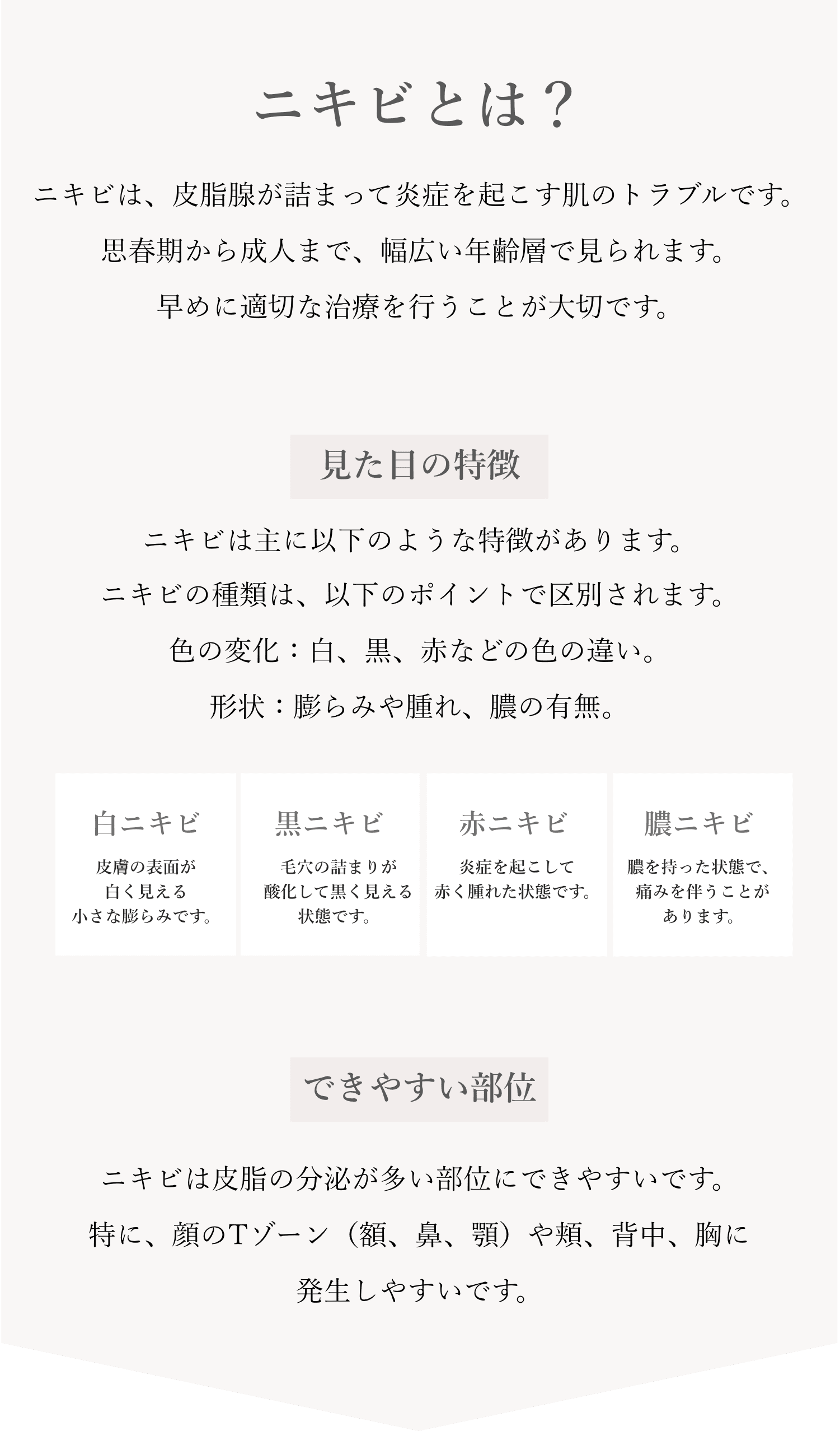 ニキビとは？ニキビは、皮脂腺が詰まって炎症を起こす肌のトラブルです。思春期から成人まで、幅広い年齢層で見られます。早めに適切な治療を行うことが大切です。